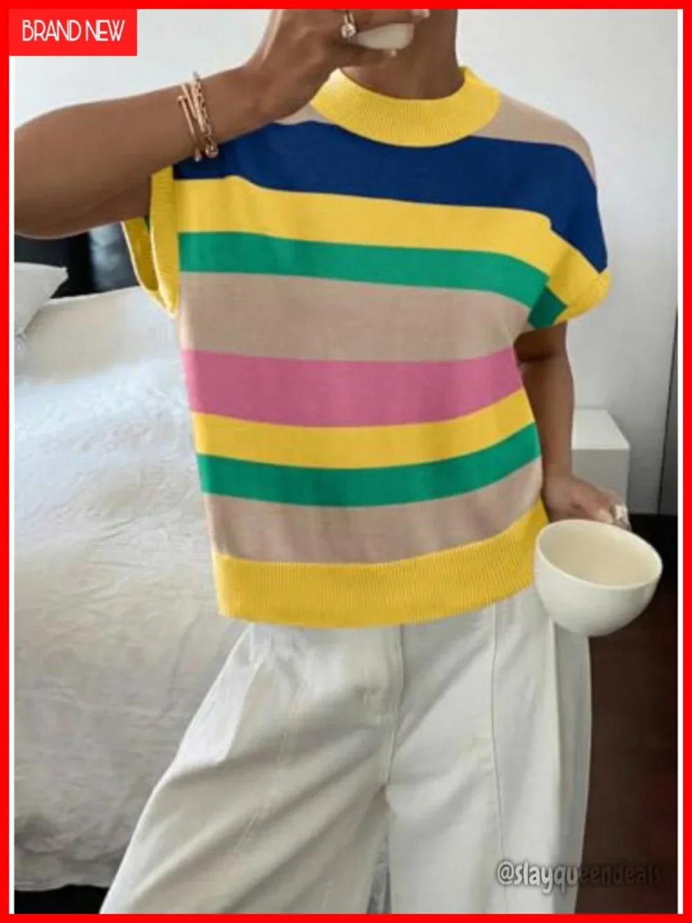 Cap Sleeve Knit Tank Top Crew Neck Pullover Summer Casual Loose Fit Sweater